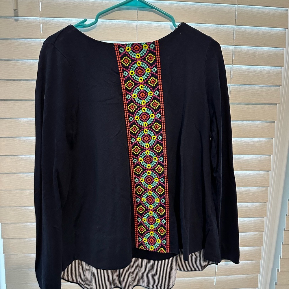 Crown & Ivy Black Blouse with Colorful Embroidery